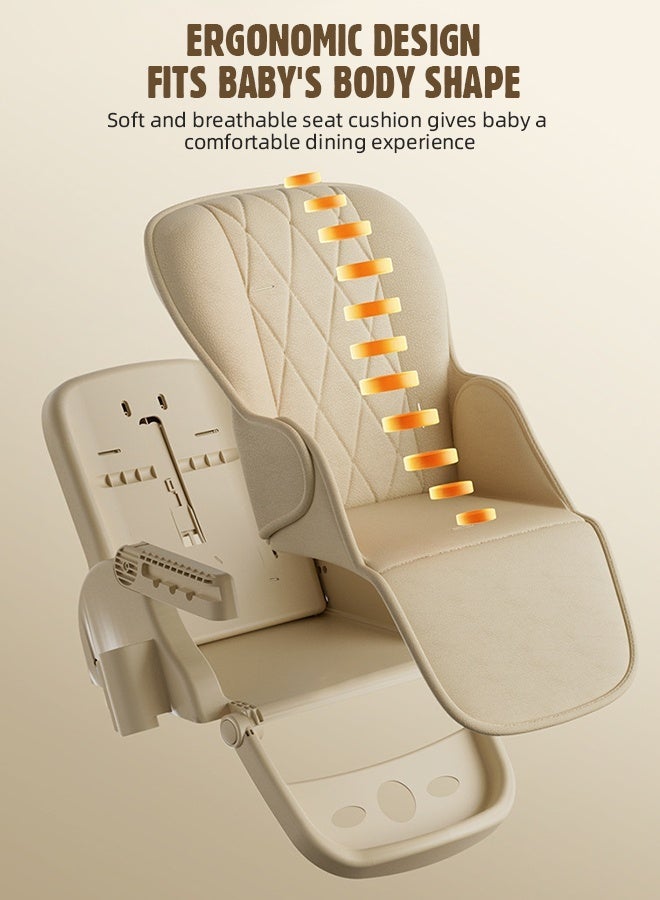 Soft Touch 3-in-1 Baby High Chair, Foldable Toddler Feeding Chair with Removable Soft Cushion and Double Tray, 8 Height Levels, 4 Recline Positions, Baby Dining Chair with Wheels and Storage Basket, Baby Dining Chair for 6–36 Months (Beige) - Image 5